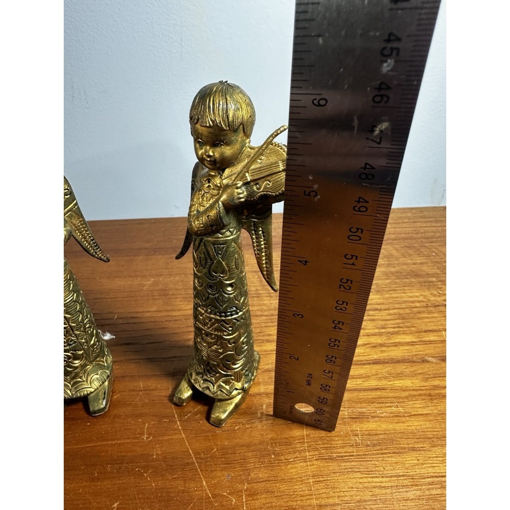 Vintage 4" Mid-Century Gold Angel Musicians Set Flute Violin Made in Italy 1960s - Picture 2 of 4